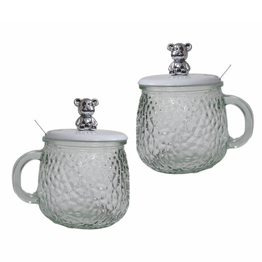 Teddy Bliss Glass Mug with Bear Lid & Spoon (Pack of 2)
